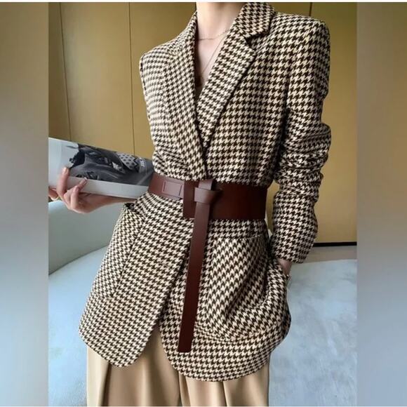Commense Brown Cream Oversized Houndstooth Blazer Size M Preppy Academia Classic - Picture 13 of 16